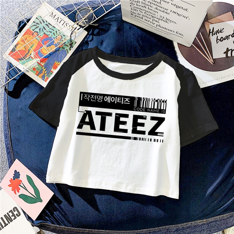 ATEEZ Letter Print Sexy T shirts Women Summer Short Sleeve Slim Cropped Tops Casual Crop Top - Ateez Store